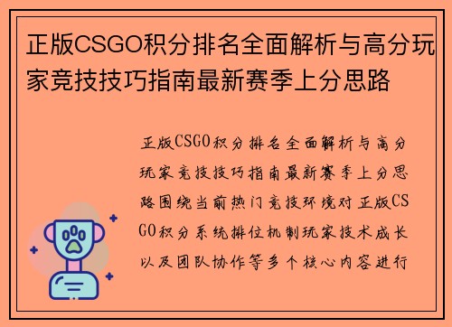正版CSGO积分排名全面解析与高分玩家竞技技巧指南最新赛季上分思路