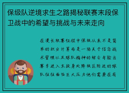 保级队逆境求生之路揭秘联赛末段保卫战中的希望与挑战与未来走向 保级队逆境求生之路揭秘联赛末段保卫战中的希望与挑战与未来走向